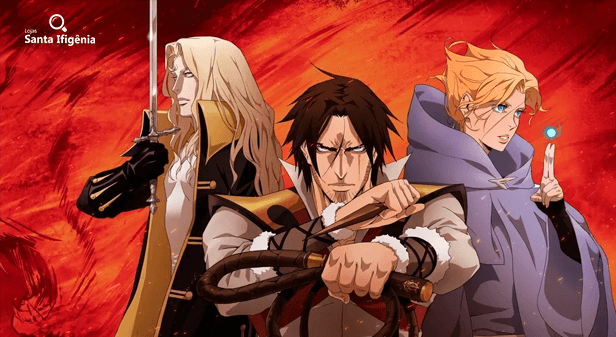 Alucard, Trevor Belmont e Sypha na série animada Castlevania