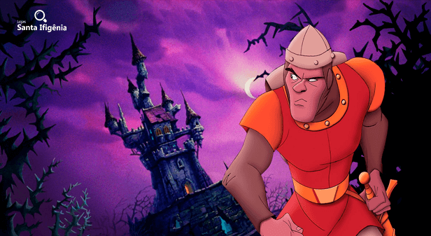 Cena do jogo Dragon's Lair, com um cavaleiro em uma floresta de espinhos e um castelo ao fundo