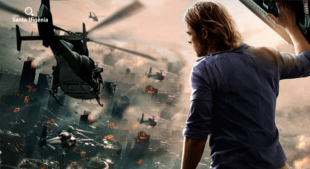 cena do filme guerra mundial Z com um homem olhando a cidade destruída