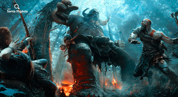 Kratos e Atreus de God of War enfrentando um monstro gigante