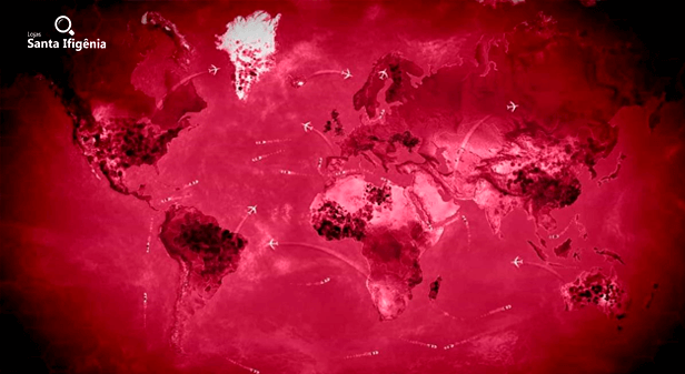 Mapa do jogo Plague Inc. que mostra o mundo inteiro infectado em vermelho