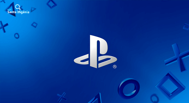 Logo do PlayStation 5 em branco com fundo azul e símbolos do controle do videogame