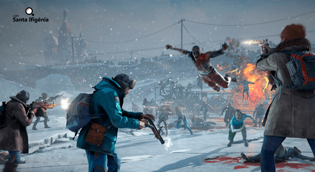 Cena do jogo World War Z com zumbi pulando em um grupo de sobreviventes na neve.