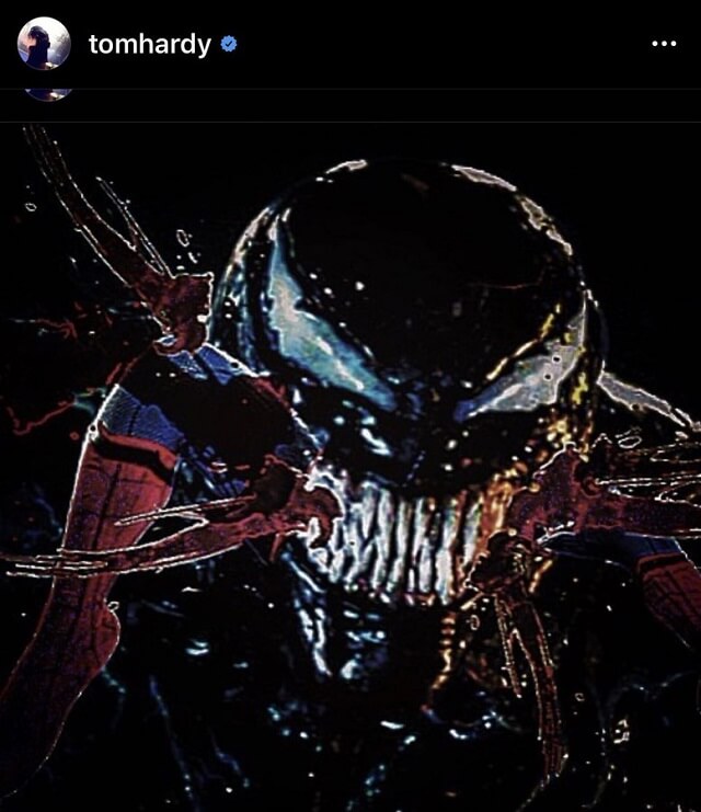 Post do ator tom Hardy com Venom mastigando o Homem-Aranha