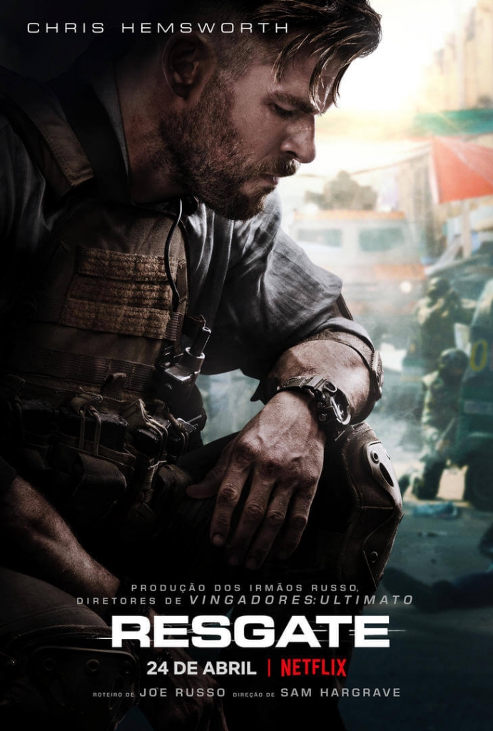 Chris Hemsworth em meio à uma guerra no pôster do filme Resgate