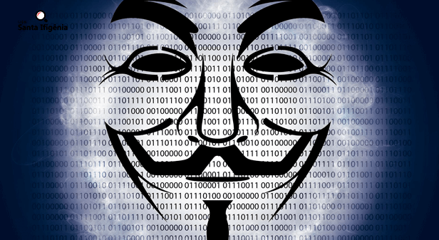 Logo dos hackers anonymous com seuquência de código binário - segurança digital