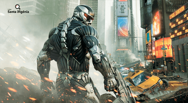 personagem principal do jogo Crysis em meio à Nova York sendo destruída