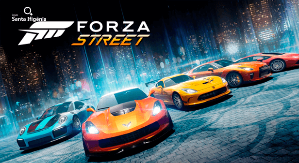 Carros enfileirados e logo de Forza Street