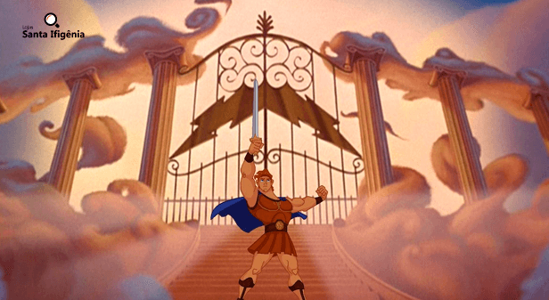 Hércules erguendo sua espada em frente aos portões do Monte Olimpo
