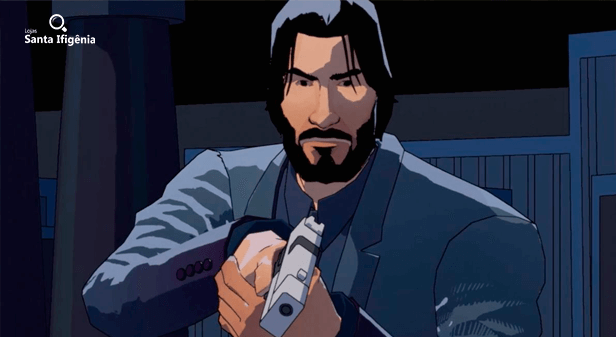 John Wick olhando para a câmera e apontando com sua arma no jogo John Wick Hex