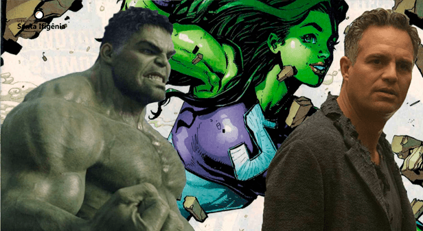 Mark Ruffalo como Bruce Banner ao lado do Hulk e Mulher-Hulk