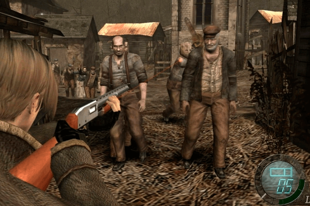 Leon enfrentando moradores do vilarejo espanhol em Resident Evil 4