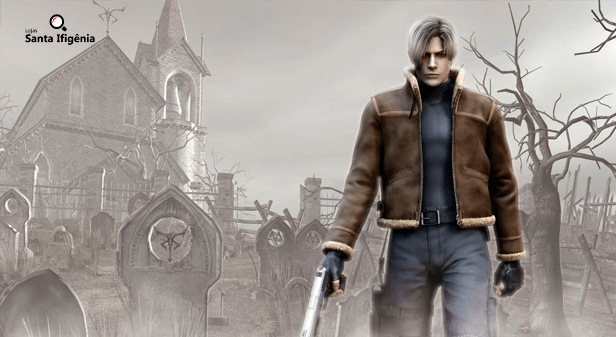 Leon em frente um cemitério espanhol - Resident Evil 4