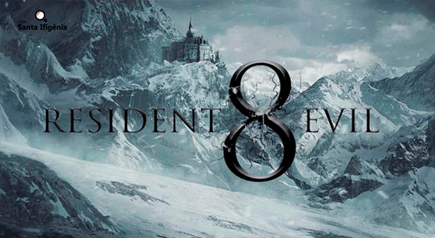 Castelo em uma montanha nevada com o suposto título de Resident Evil 8
