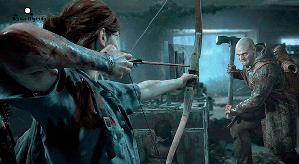 Ellie mirando seu arco e flecha em um homem segurando um machado - The Last of Us 2