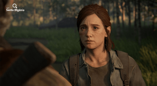 Ellie com rosto machucado e olhando para Joel em The Last of Us 2