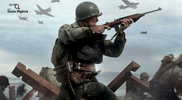 Soldado em meio à guerra de Call of Duty WWII
