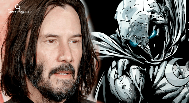 Keanu Reeves ao lado de um desenho do Cavaleiro da Lua