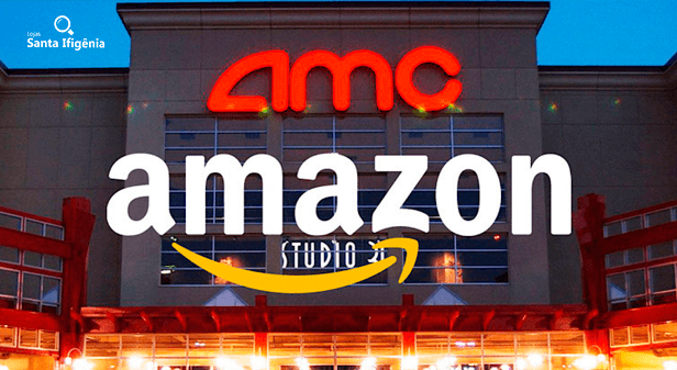 Fachada de um cinema AMC com logo da Amazon