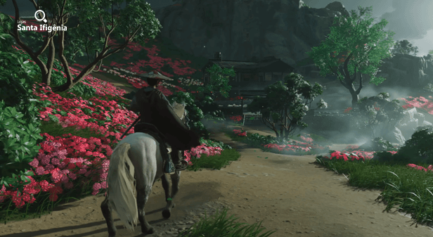 Protagonista de Ghost of Tsushima em uma paisagem do Japão Feudal