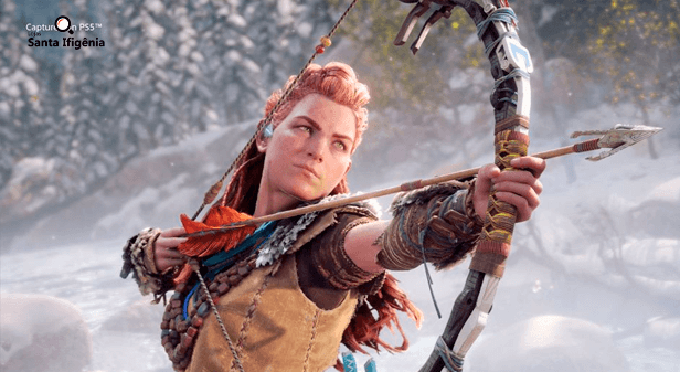 Aloy mirando com seu arco e flecha em Horizon Forbidden West