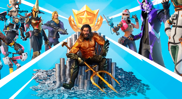 Aquaman e outros personagens na terceira temporada de Fortnite