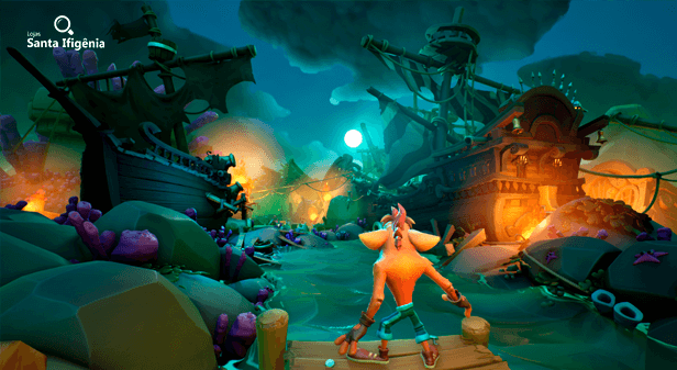 Crash Bandicoot olhando para navios piratas